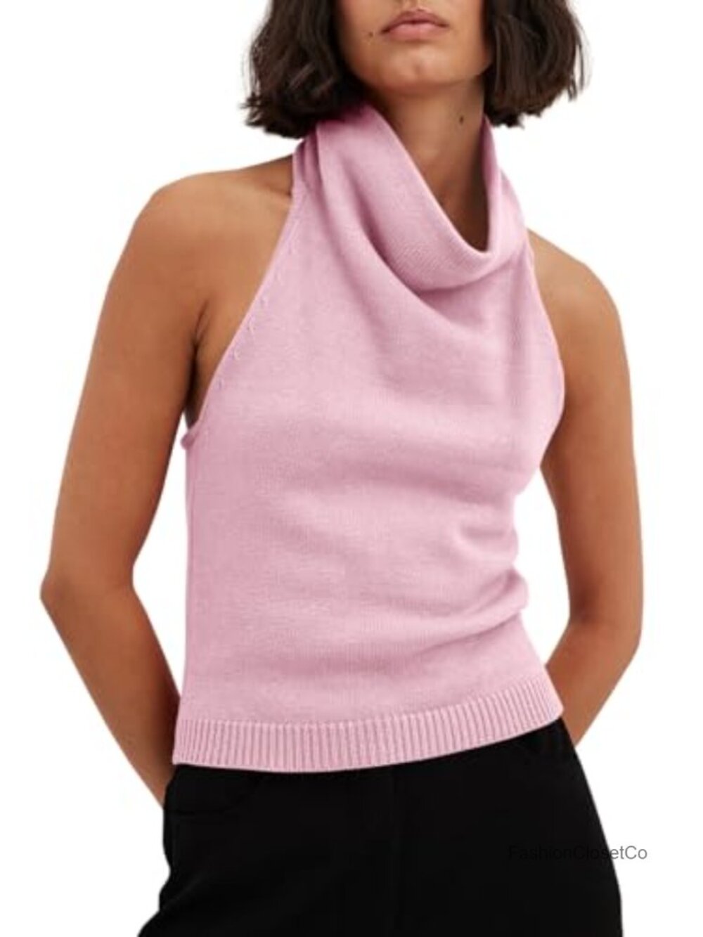 Women's Sleeveless Knit Sweater Vest Turtleneck Halter Top Backless Lace-Up Cami